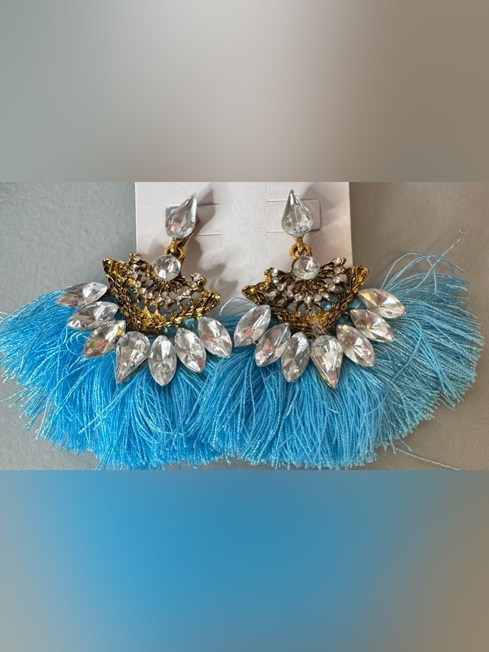 Blue Tassel Fan Earrings with Crystal Accents statement boho event fringe